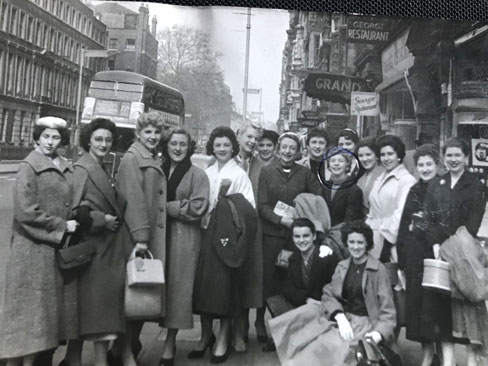 Carole Anderson - circled - Easter London 1957 on way to rehearsal at BBC Bush House Vernon Girls
